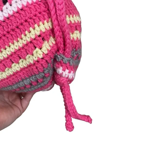 Handmade Boho Unique Crochet Colorful Striped Cinch Sak Backpack Handbag - Picture 4 of 8
